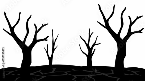Silhouette of barren trees on cracked land depicting drought and environmental degradation in monochrome style | editable eps vectors