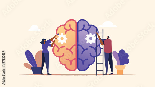 brain with two people adjusting gears on each hemisphere of the brain model