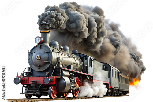 A vintage steam train puffing smoke as it travels down the railroad tracks isolated on transparent background