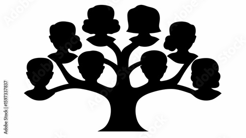 Silhouette family tree displaying multiple generations with eight family members in black and white | editable eps vectors