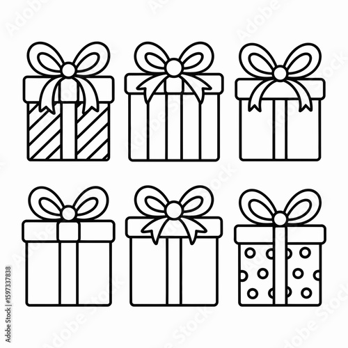 Collection of six stylized gift boxes with bows in a simple outline silhouette isolated on white background