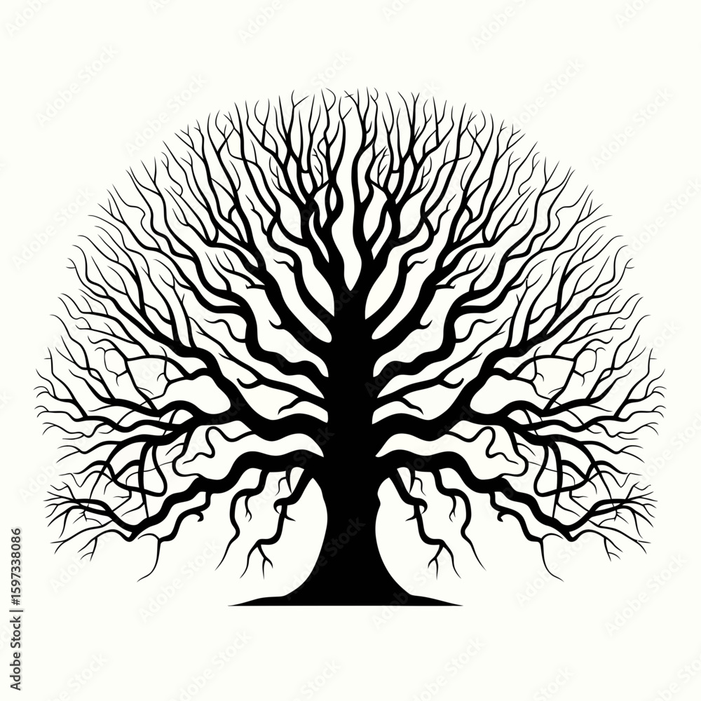 Naklejka premium Intricate black silhouette of a large bare tree isolated on white background silhouette