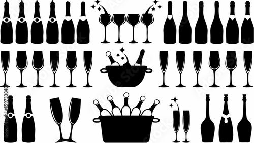 Silhouette illustration of champagne bottles and glasses arranged in rows and in ice buckets design | editable eps vectors
