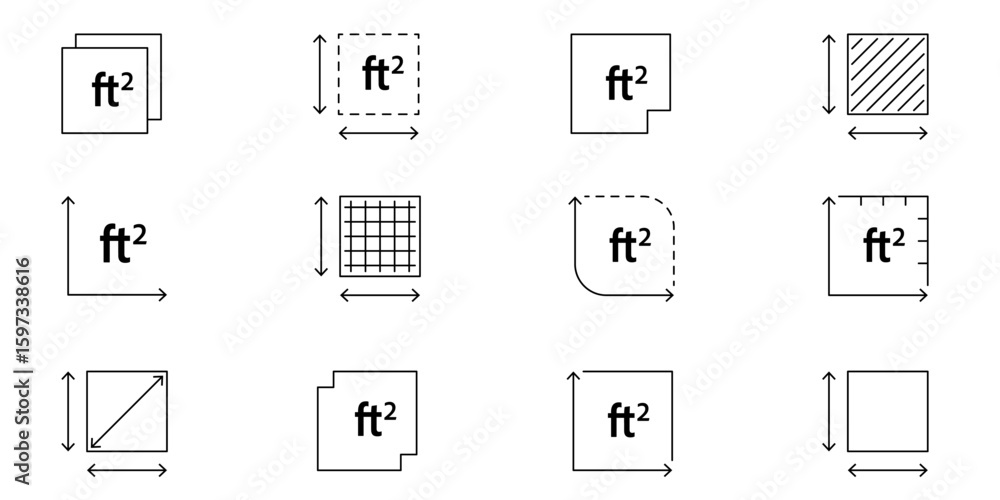 Clean outline vector icon with FT2 sign. Square feet area symbol for house, interior design, real estate planning, or land dimensions Clean outline vector icon with FT2 sign. Square feet area symbol for house, interior design, real estate planning, or land dimensions
