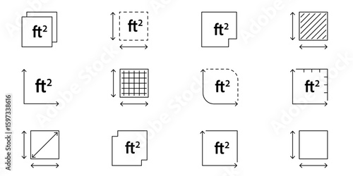 Clean outline vector icon with FT2 sign. Square feet area symbol for house, interior design, real estate planning, or land dimensions