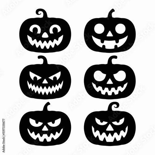 Six spooky halloween jack o lantern silhouettes isolated on white background