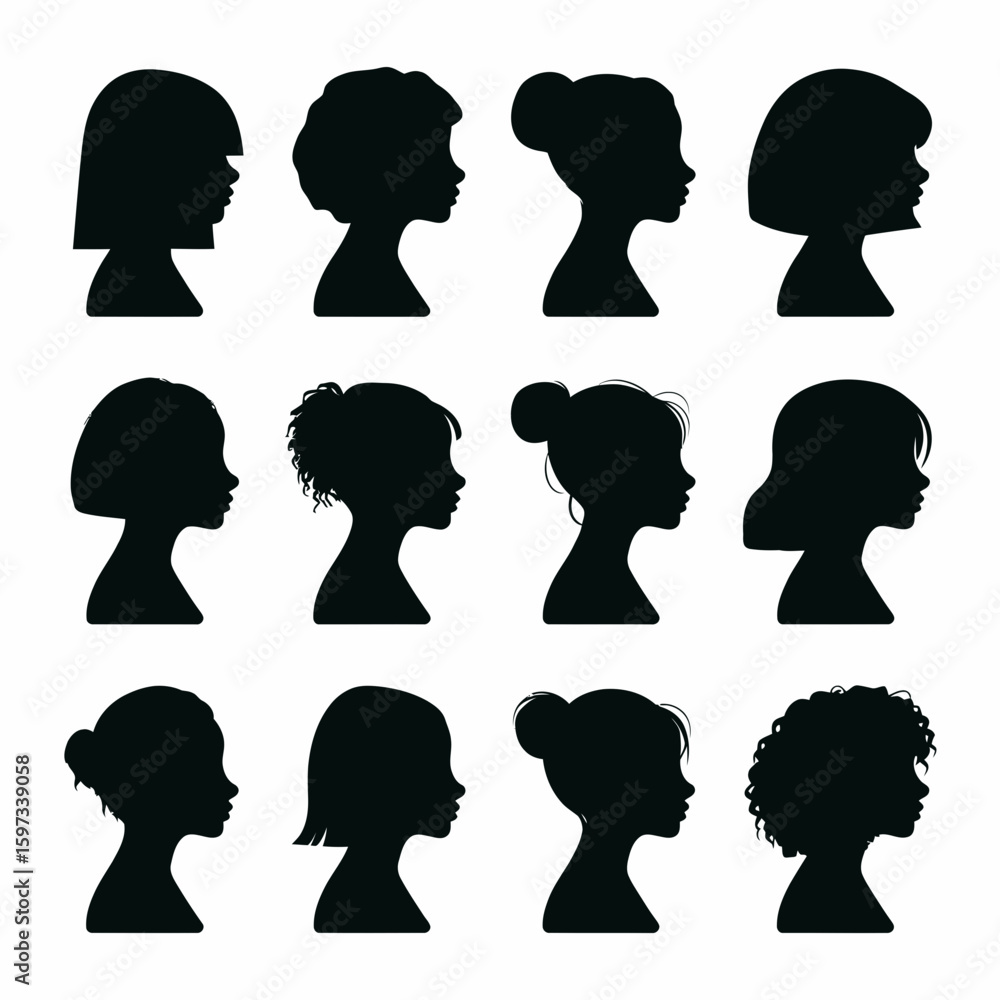 Collection of diverse female head silhouettes in profile isolated on white background silhouette Collection of diverse female head silhouettes in profile isolated on white background silhouette