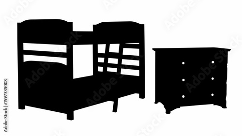 Silhouette of a bunk bed with ladder and a dresser with six knobs in a bedroom setting depicted | editable eps vectors