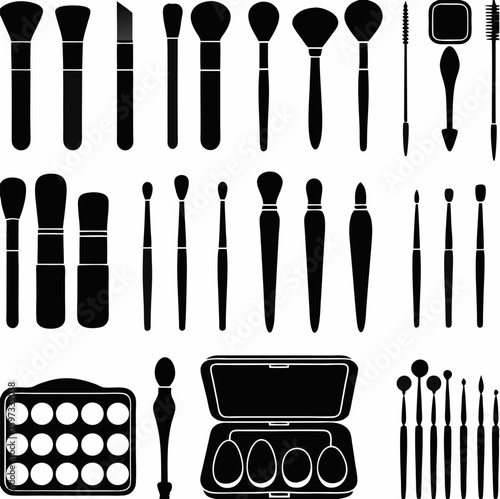 Illustration of various makeup brushes and a palette arranged in a grid pattern on a white background | editable eps vectors silhouette