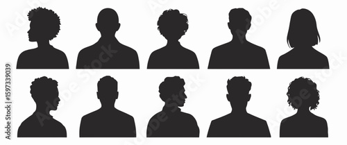 Diverse human head and shoulder silhouettes in profile and frontal view isolated on white background silhouette
