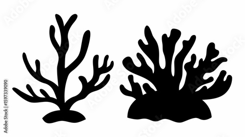 Illustration of two black coral silhouettes against a white background showing marine life forms and shapes | editable eps vectors