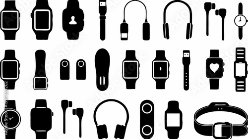A collection of various wearable technology and accessories including smartwatches, headphones, and chargers | editable eps vectors silhouette