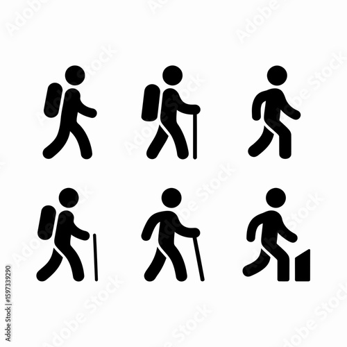 Collection of six black silhouette icons of people hiking and walking on a white background isolated on white background