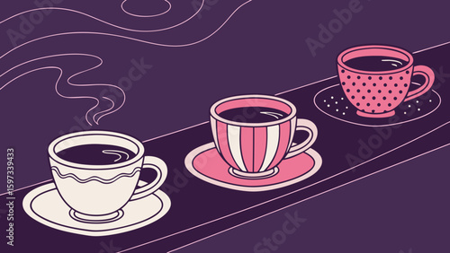 Multiple set of tea or coffee cups arranged on dark purple background vector illustration