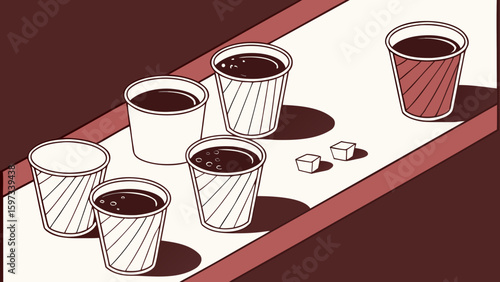 Multiple set of tea or coffee cups arranged on dark red white background vector illustration