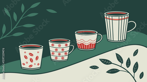 Multiple set of tea or coffee cups arranged on dark green background vector illustration