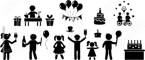 Illustration of a birthday party with people, gifts, balloons, cake and other party related elements | editable eps vectors silhouette