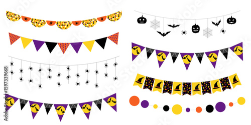 Set of halloween themed garlands with spiders, bats and pumpkins. Cute celebration garlands in purple, orange, yellow and black colors