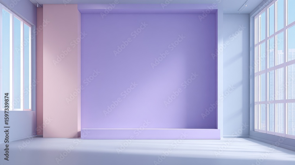 Fototapeta premium A spacious interior showcases a large purple wall and pink accents, with sunlight streaming through large windows. The clean lines and minimal decor create a fresh ambiance.