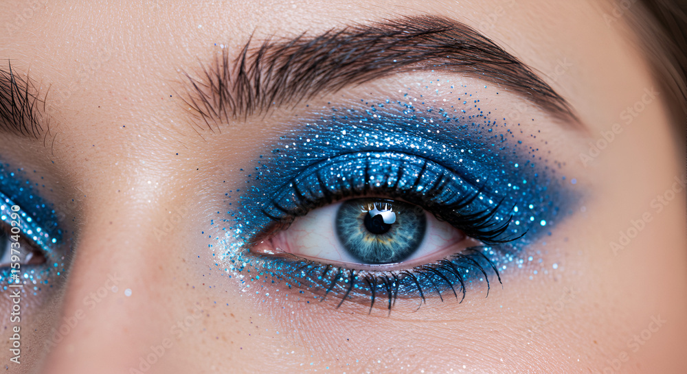 Obraz premium Close-up of a woman's eye with bright blue glittery eyeshadow application