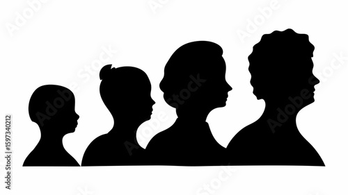 Silhouette illustration depicting stages of life from childhood through adulthood aging process | editable eps vectors
