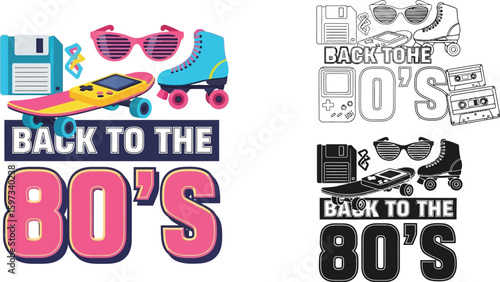 Back to the 80s retro design with skateboard roller skate sunglasses and floppy disk vector illustration editable