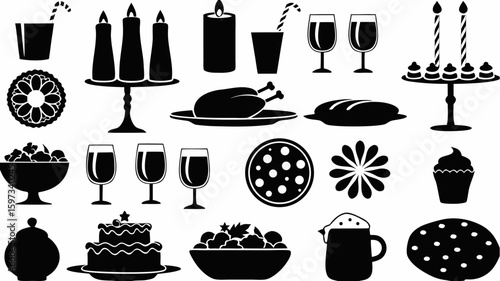 Black and white illustration of a festive feast with food and drink icons arranged together nicely | editable eps vectors silhouette