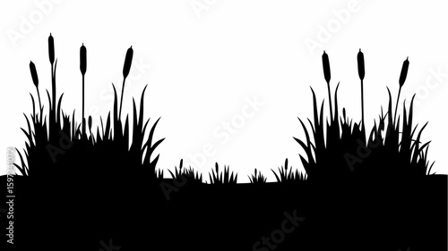 Silhouette of cattails and grass in a marshy area creating a natural border along the bottom edge of the image | editable eps vectors