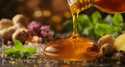 Honey pouring with ginger and herbs