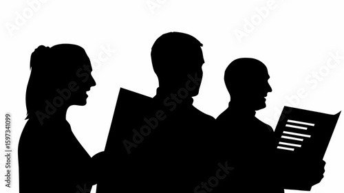 Silhouette of three people singing from sheet music in a choir performance with white background | editable eps vectors