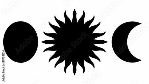 Illustration showing a black circle, a sun symbol, and a crescent moon on a white background design | editable eps vectors silhouette