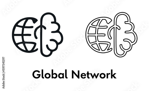 Global Network Vector Icon Set – Outline Style Icons Representing Worldwide Connectivity, Internet, Data Exchange, Cloud, Communication, Globalization, Networking, and International Digital Systems

