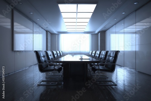Modern conference room with elegant furnishings, natural light, and minimalist design suitable for business meetings and presentations