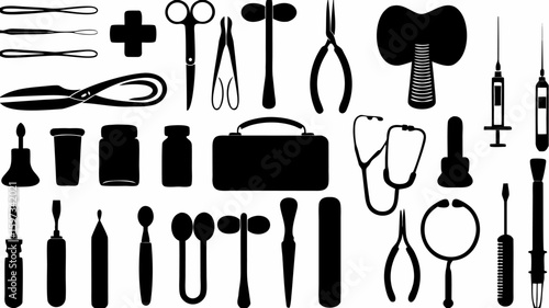 A collection of medical tools and equipment including stethoscope syringes and various instruments shown in black | editable eps vectors silhouette