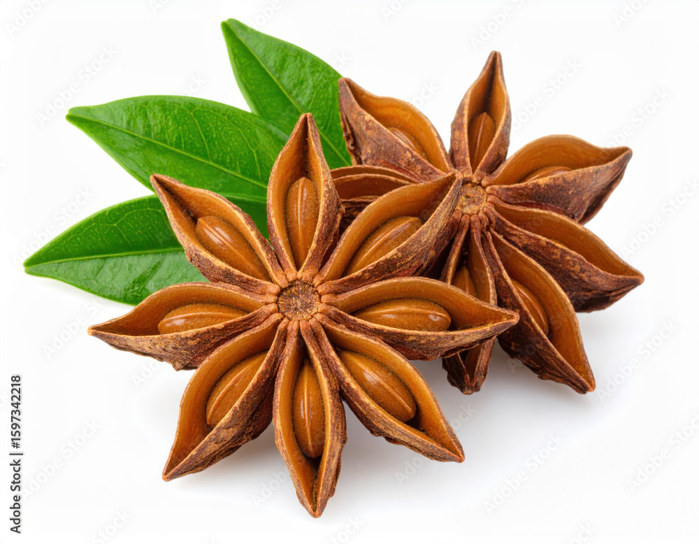 Star Anise Spice with Green Leaves Star Anise Spice with Green Leaves