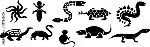 Collection of black silhouette vector images depicting various animals and mythical creatures on white | editable eps vectors