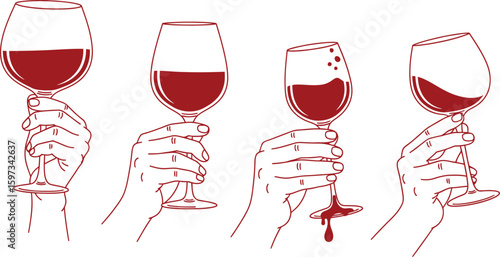 Red wine glasses illustration set of hands holding wine tasting concept for winery and sommelier guide editable
