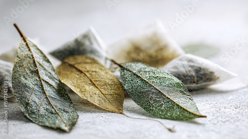 Tea bags with leaves and white background.