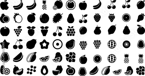 Fruit Silhouette Variety: A meticulously arranged collection of fruit silhouettes showcases an assortment of different fruits in a minimalist, graphic style.