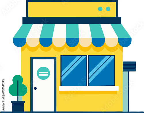 Shopfront Illustration: An eye-level, clean illustration of a charming shopfront, inviting with its bright colors and simple, approachable design. A tree beside the door enhances its welcoming appeal.