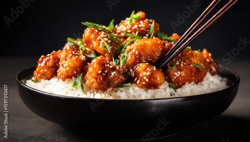 Bowl of savory, crispy chicken, topped with sesame seeds, served over rice. Chopsticks are reaching for the dish