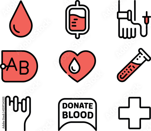 Eight Coral Red and Black Blood Donation Vector Icons Set Blood Drop I V Bag Test Tube Hand 1