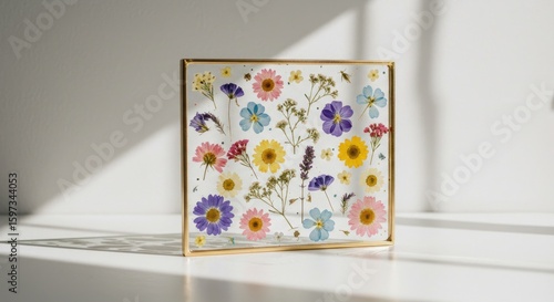 Pressed flower display in gold frame