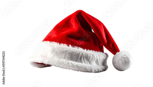 Plush red santa hat with white trim isolated on a transparent background christmas hat