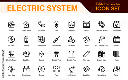 Electric System isolated icon set. Set of home electrification, electrical wire, and cable, lightbulb, led lamp, electricity meter, junction box, outlet and switch, extension cord, and more.