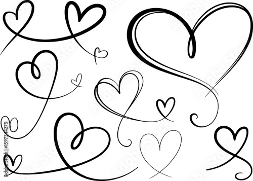 Black heart shapes with swirling lines hearts white