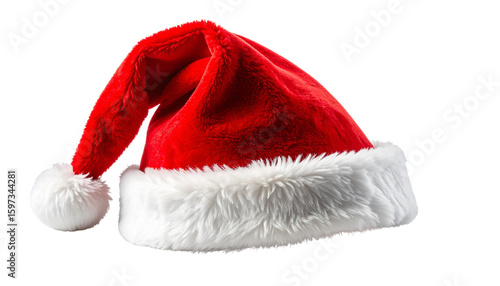 Plush red santa hat with white trim isolated on a transparent background christmas hat
