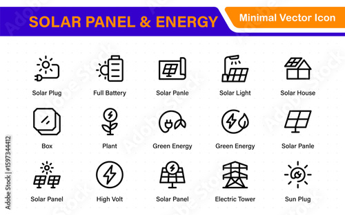 Solar panel color icon set with sun power photovoltaic (PV) home system and renewable electric energy technology glyph symbols: off the grid (OTG), inverter, charge controller, battery, meter.