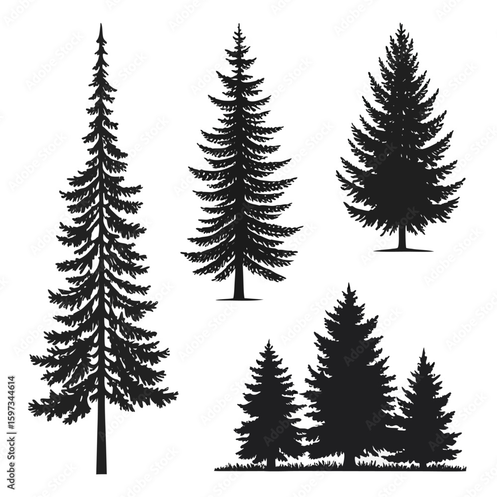 Obraz premium Black Silhouette Christmas Pine Trees Vector Graphic Set