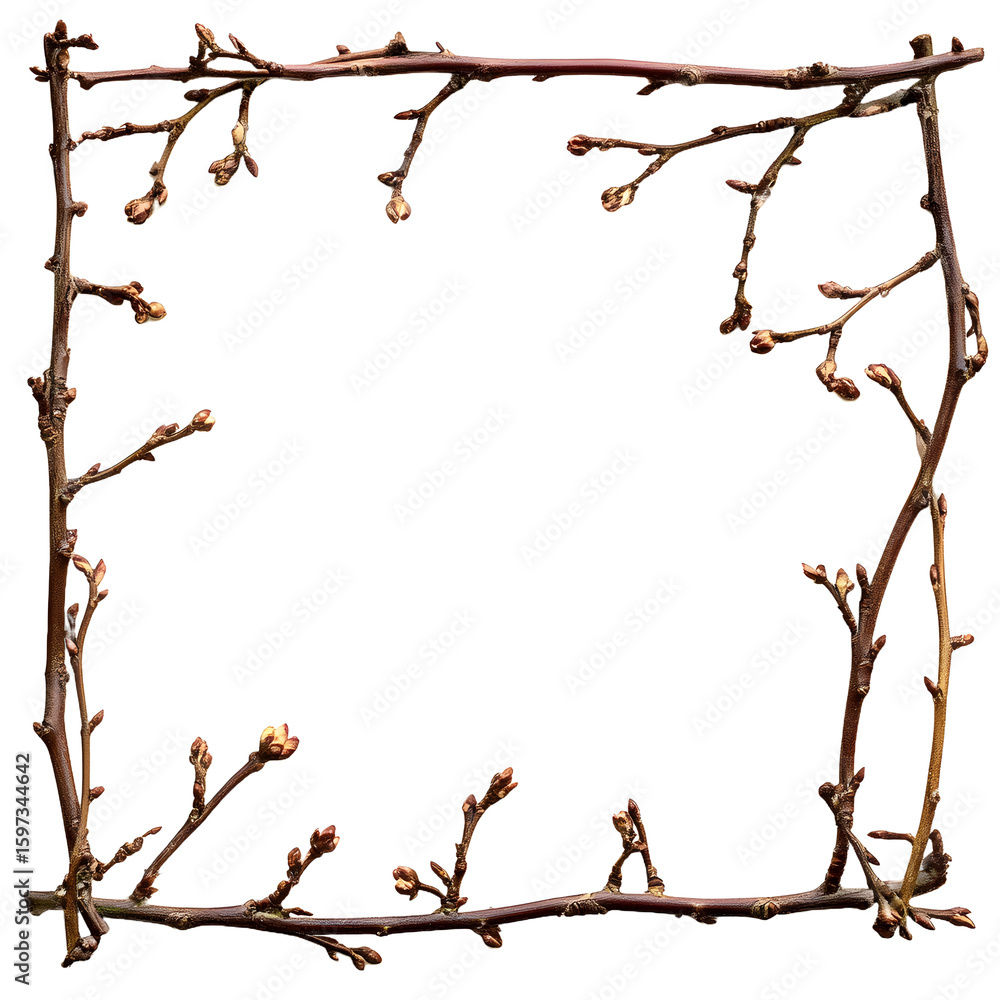 Delicate bare tree branches with tiny buds form a rustic square frame against a transparent background Delicate bare tree branches with tiny buds form a rustic square frame against a transparent background